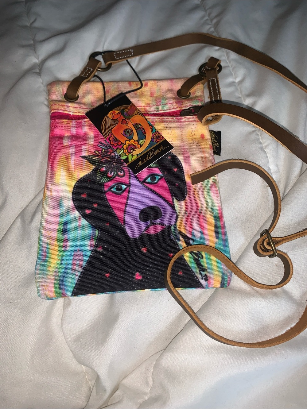 Laurel Burch Violet Puppy Dog with Flowers small canvas crossbody bag